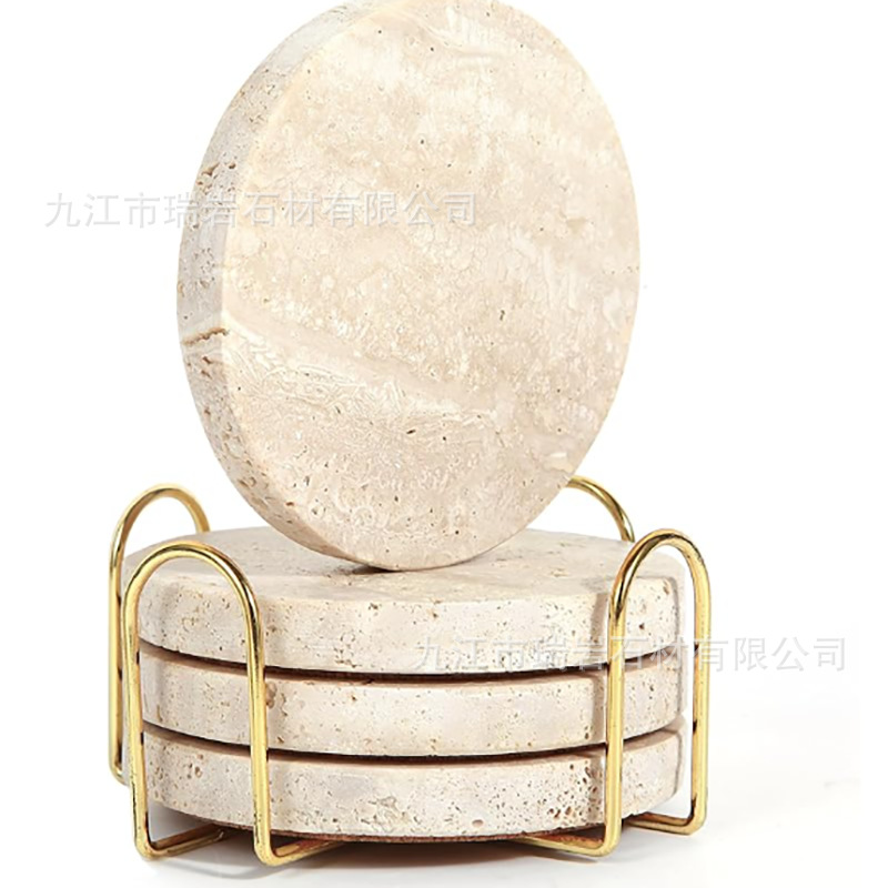 Posavasos de mármol de travertino natural de Amazon transfronterizo al por mayor, posavasos de café de whisky, accesorios de tiro absorbentes