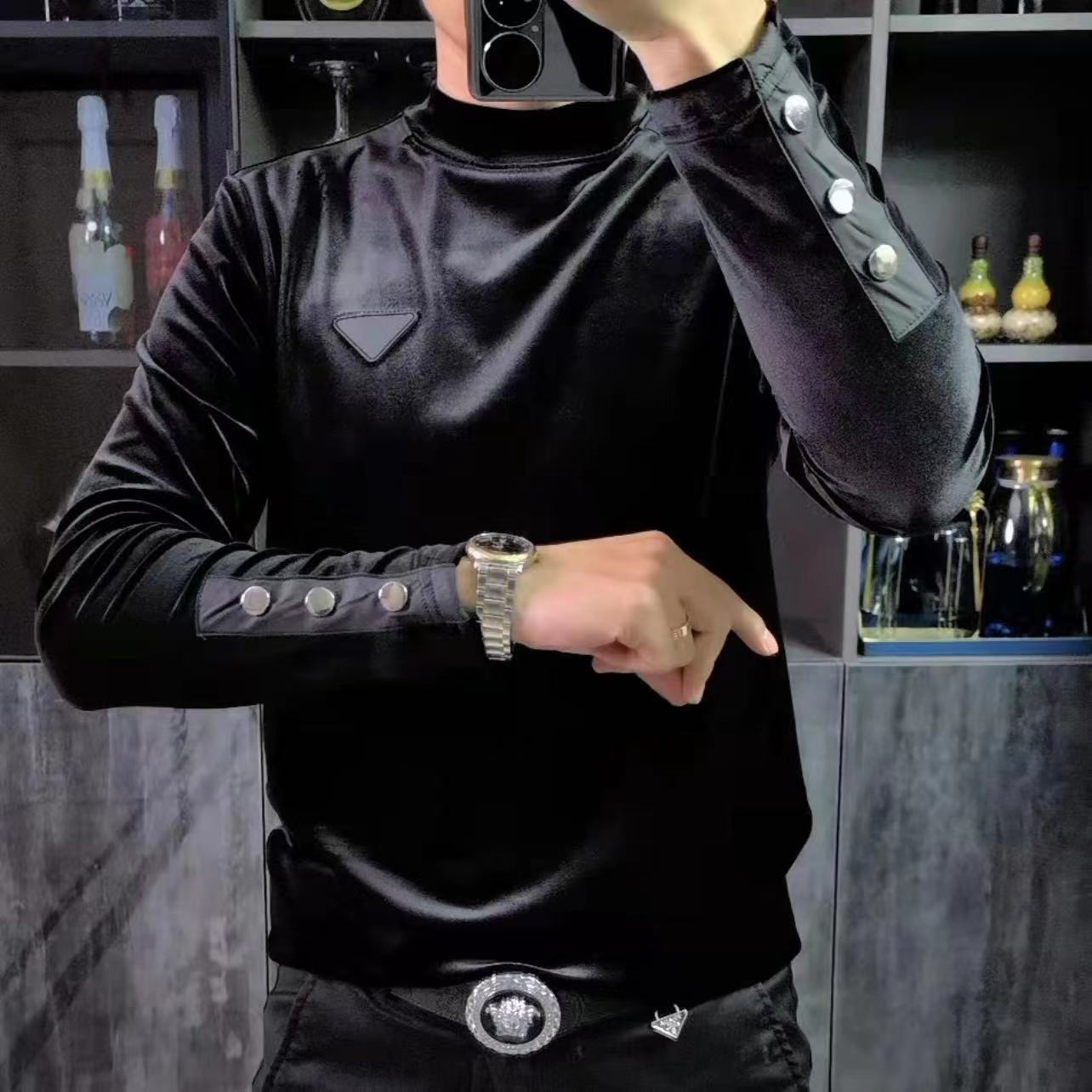 봄과 가을 남자의 가벼운 럭셔리 비즈니스 캐주얼 긴팔 모의 칼라 베이스 셔츠 부티크 골드 벨벳 모든 경기 패션 티셔츠