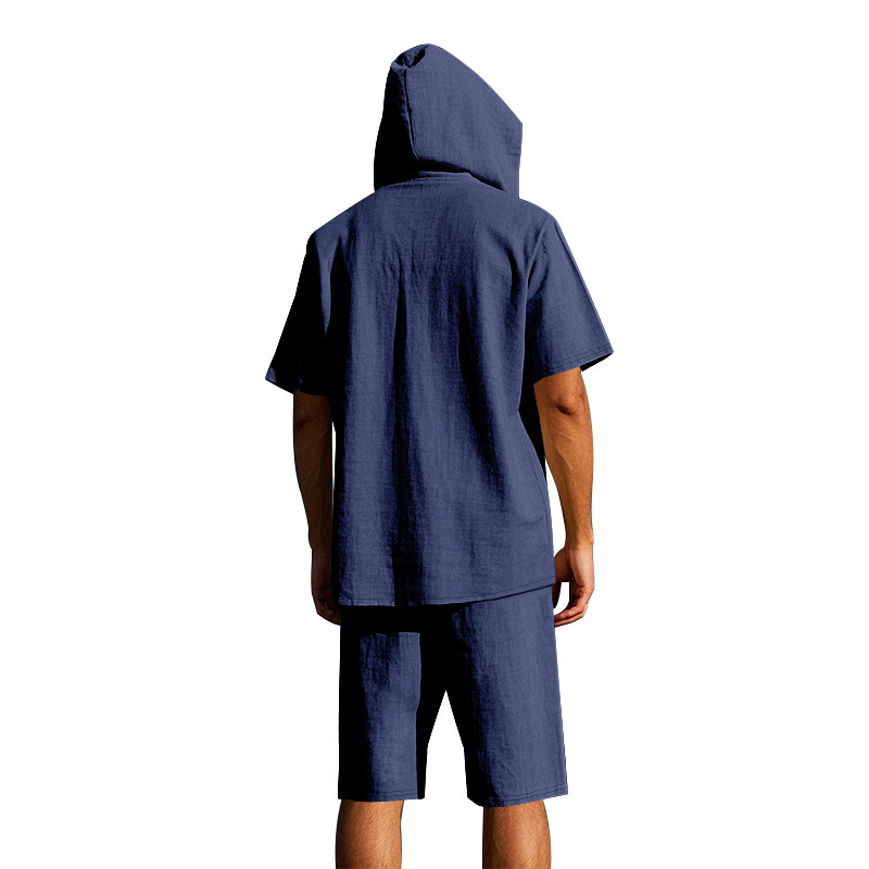 Men's Linen Hooded Short Sleeve Shirt & Shorts Set, Breathable Beach Casual Two-Piece Outfit For Summer_viptrois.com