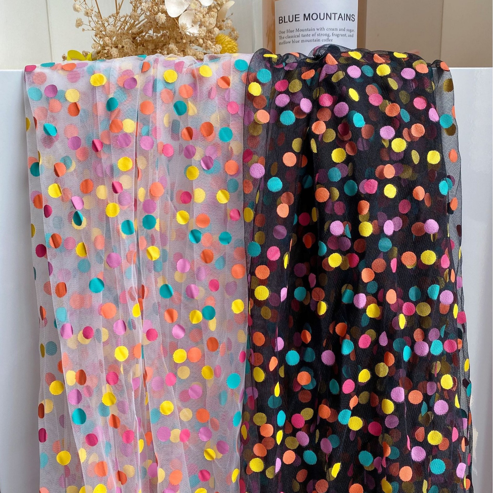 Internet celebridad mismo estilo elegante estilo nuevo especial densa malla de tela de malla colorido punto pegamento impreso gasa falda ropa para niños tela