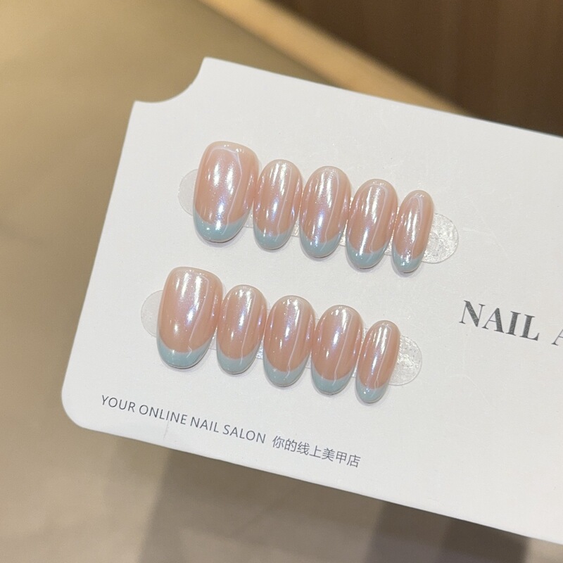 Hailey Blue French Ins Style Cat Eye Short Handmade Wearable Nails Pure Handmade Nail Art Stickers Fake Nails Wholesale