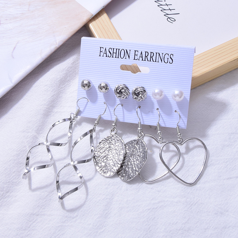 Exaggerated Retro Geometric Leaf Fashion Pearl 6 Pairs Of Earrings Set display picture 3