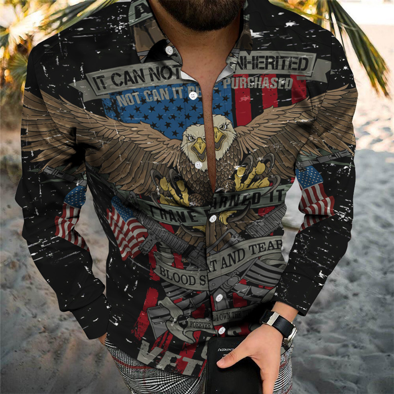 Wholesale cross-border 2021 Spring and Autumn New 3D flag skull printed long-sleeved men's sports shirt button cardigan