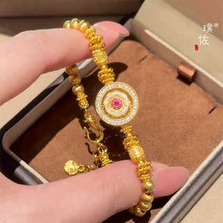 璞佐金店同款沙金镶钻宝相花罗盘手链可旋转莲花猫眼转运珠手串女