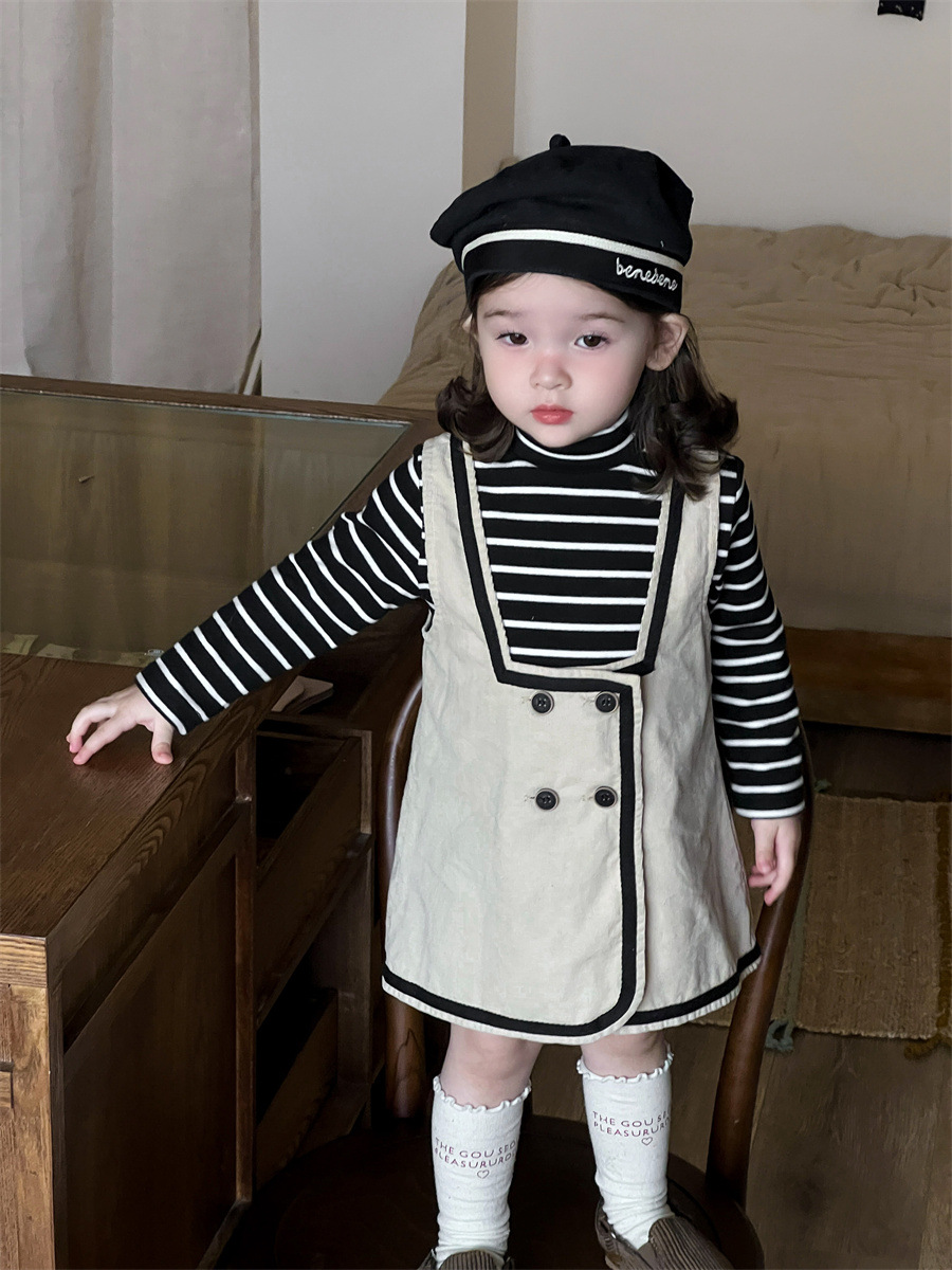 Set de otoño infantil coreano ropa infantil ropa de bebé camiseta de fondo a rayas de camisa de cordillera vestido set