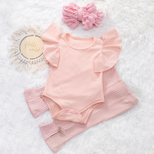 外贸童装夏季甜美女幼童上衣+短裤+头花婴儿爬服套装跨境批发潮流