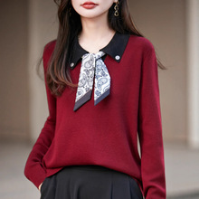 法式Polo领针织衫女长袖翻领衬衫配丝巾拼色打底上衣秋季新款毛衫