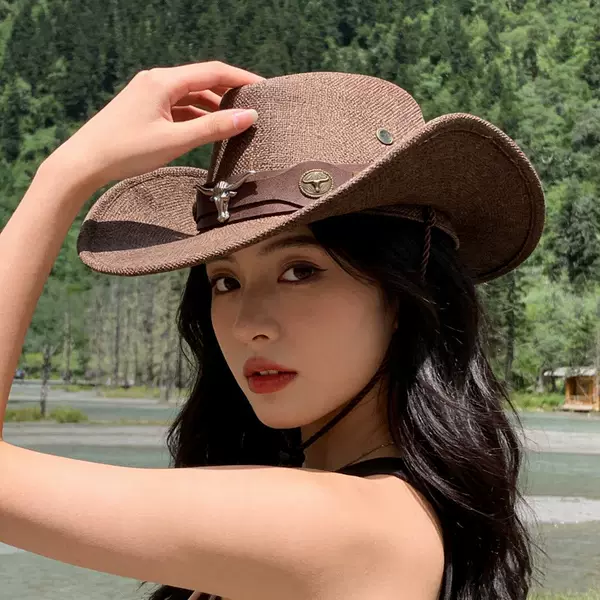 Trendy Western Cowboy Hat for Women and Men, Outdoor Travel Photo Cotton-Linen Hat, Spring/Summer Sun Protection