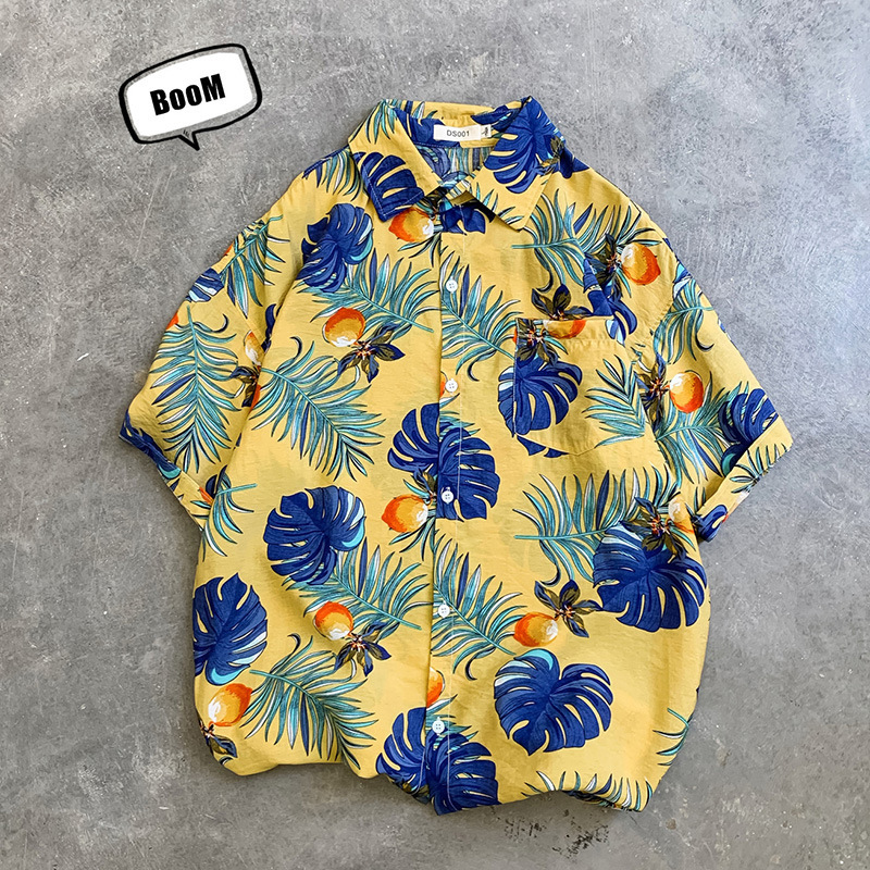 Estilo retro de Hong Kong Ruan guapo camisa de seda de hielo abrigo ropa de los hombres Hawaii playa floral camisa de manga corta de los hombres sueltos más tamaño