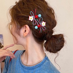 甜美红蓝花朵侧边发夹女蝴蝶结边夹前额刘海夹一字发卡鸭嘴夹发饰