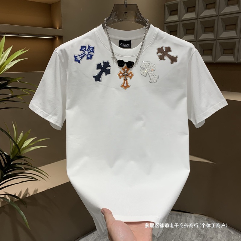 クロスボーダー・トレンドブランド、個性的なプリント入りクロス柄半袖Tシャツ、メンズ夏物、おしゃれでカジュアル、万能で通気性の良い半袖|undefined