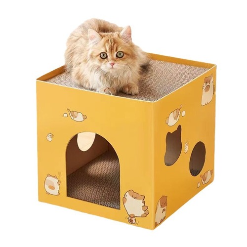 Square Cat Bed Wholesale Manufacturer with Built-in Corrugated Paper Replaceable Scratching Post for Cats - Foldable Cat House