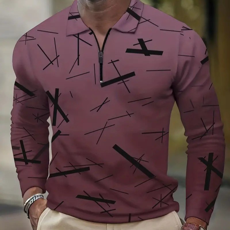 Camisa POLO de solapa de hombre básica simple con estampado digital, camisa delgada de manga larga con cremallera MB14