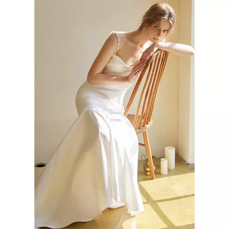 Morning gown dress engagement gauze white satin dress 2025 heavy industry travel photography evening gift bride party new style