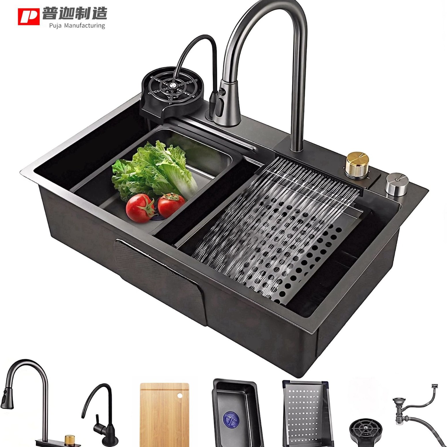 Cocina de lluvia volante cascada fregadero gran fregadero de un solo tanque grueso 304 acero inoxidable lavabo de platos fregadero doméstico