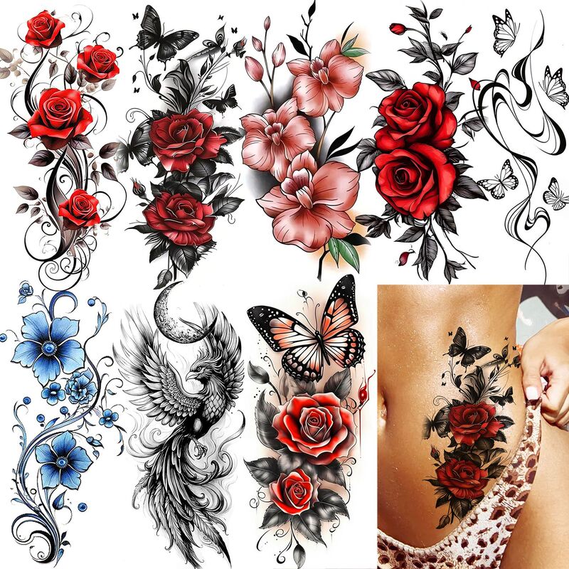 European and American Cross-Border Thorn Rose High-End Water Transfer Tattoo Stickers for Back of Hand, Foot, and Waist Tk Amazon Tattoo