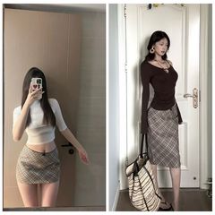切尔西 蕾丝腰头美式格子百搭格纹包臀半身裙女