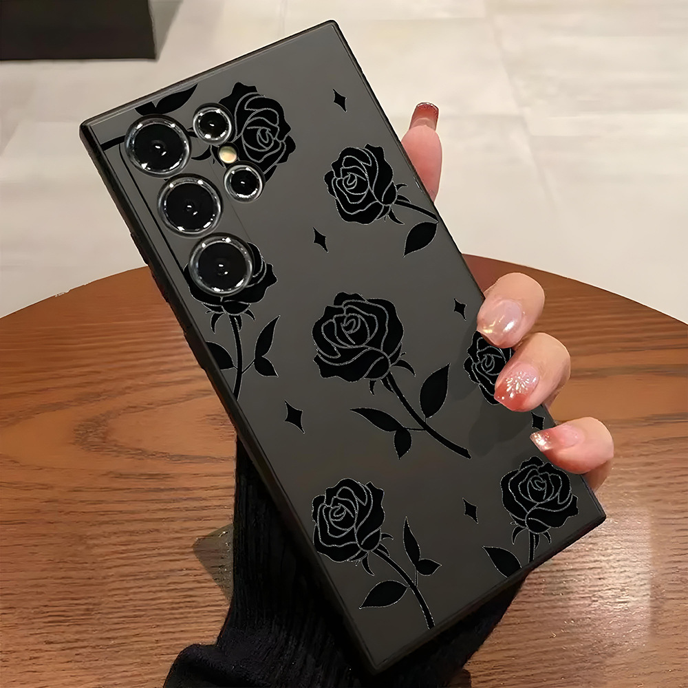 满屏黑色玫瑰适用三星S25 ULTRA直边手机壳S23保护套防摔S22+软壳