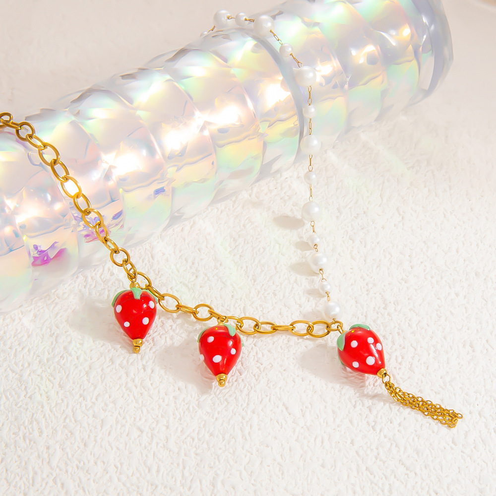 17g Weight PVD Coated Gold Plating Process 18K Gold Plated Plating Material Glass, Titanium Steel Pendant Material Pendant Necklace Classification Titanium Steel Chain Material Beaded Chain, Paperclip Chain, cable chain Chain Type 1 Piece Quantity Casual, Daily Occasion Glass, Titanium Steel Material Cherry, Heart Shape, Strawberry Pattern Women's Gender Plating Design Cute Style Gold Color Cute Cherry Heart Shape Strawberry 18K Gold Plated PVD Coated Glass Titanium Steel Beaded Chain Paperclip Chain Cable Chain Pendant Necklaces Wholesale 9
