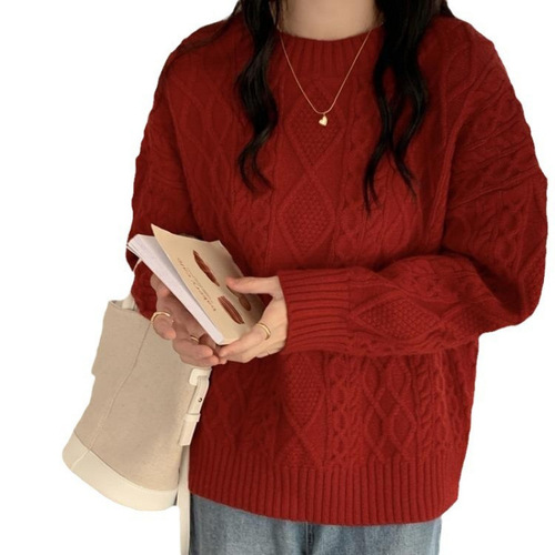 KANING Women's New Year Red Cable Knit Cardigan Sweater 2025 Autumn Winter Retro Slouchy Round Neck Knit Top