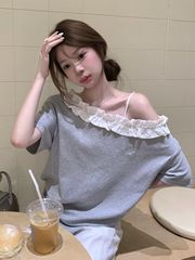 太爱啦!!【花边斜肩】韩系温柔风短袖恤女超火显瘦辣妹上衣服
