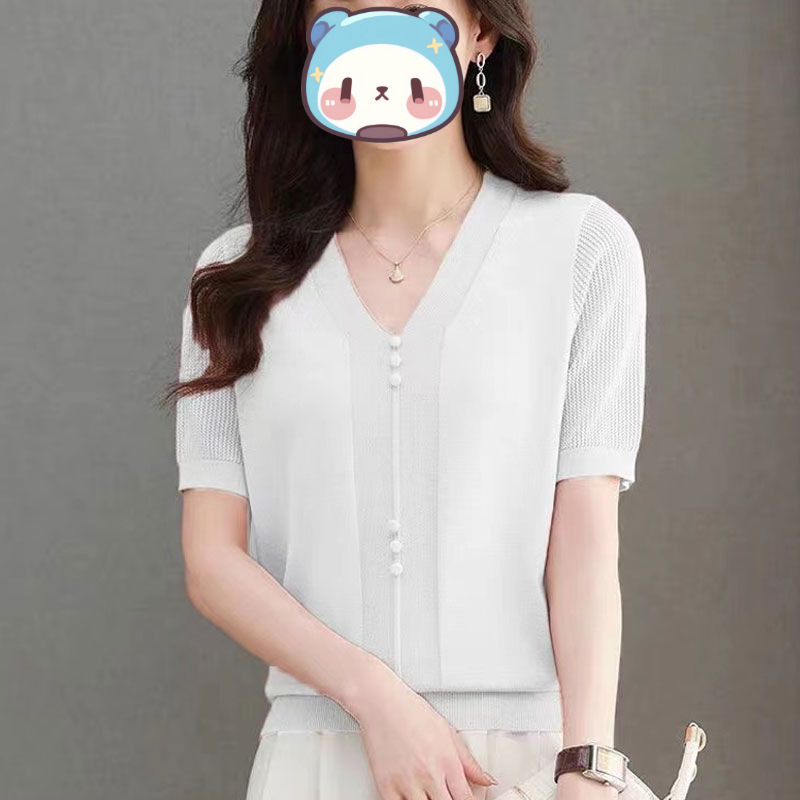 V ネックアイスシルクニット半袖 Tシャツ女性のための夏 2025 新しい大きいサイズママシャツ新しい中国風トップ薄いフレンチスタイル|undefined