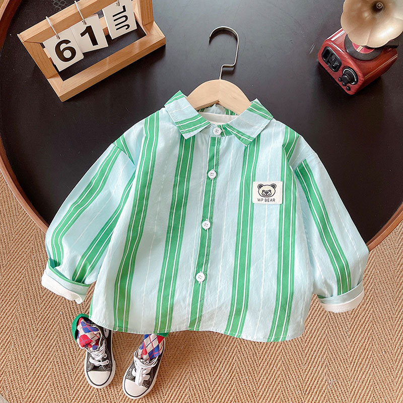 2025 otoño nueva ropa infantil para niños coreanos dibujos animados oso letras camisa chico guapo camisa a rayas abrigo