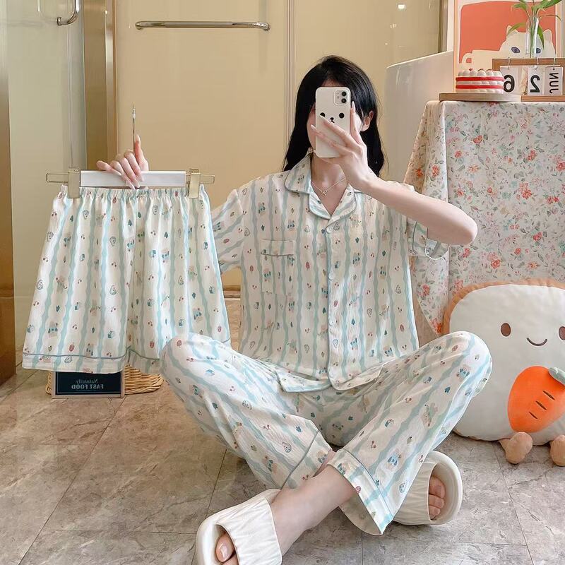 跨境云朵棉睡衣三件套女夏季短袖长裤短裤春秋季家居服套装外贸|undefined