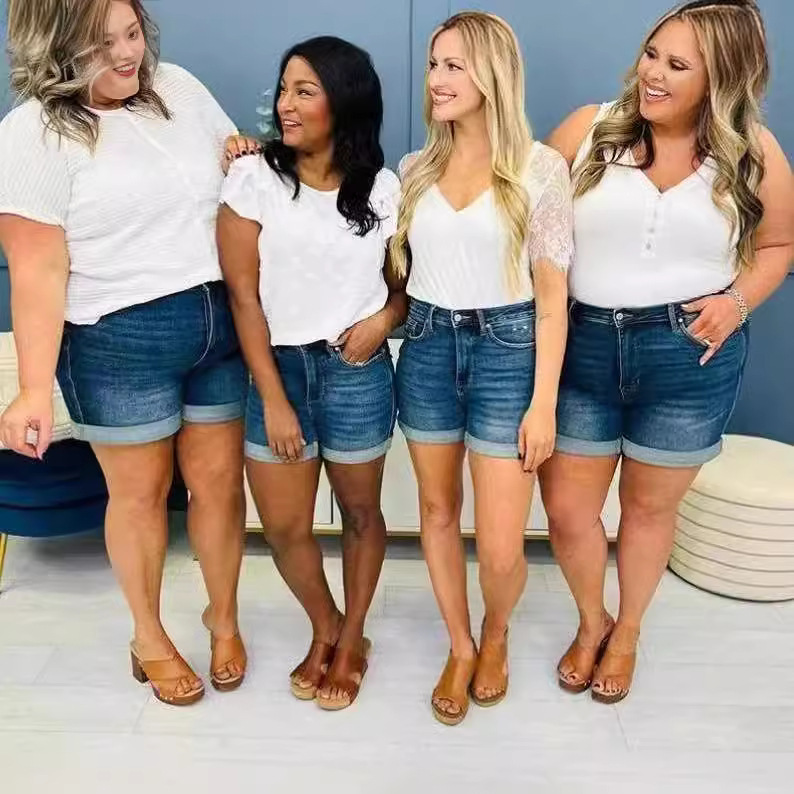 2025 Summer Amazon Europe and the United States Cross-border Denim Shorts Fashion All-match plus size Women's Clothing Comfortable Stomach Pants Children