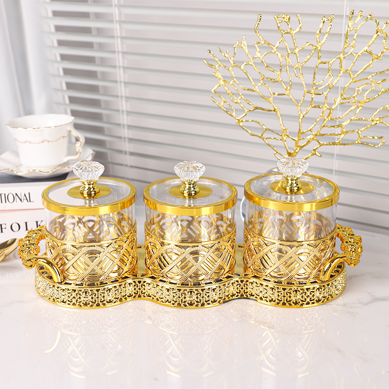 Cross-Border Storage Jar with Lid European Style Light Luxury Storage Jar Tea Snacks Gold-Plated Candy Jar Plastic Sealed Jar Combination