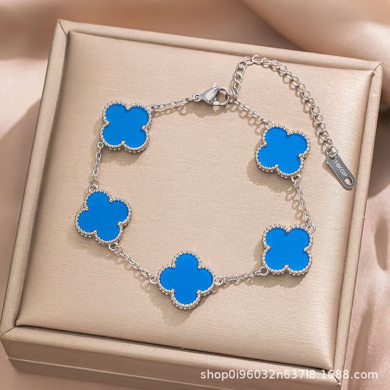 15mm Four-Leaf Clover Bracelet in Stainless Steel Color, Double-Sided Colorful Lucky Clover Bracelet, Classic Designer High-End Style 15mm Four-Leaf Clover Bracelet in Stainless Steel Color, Double-Sided Colorful Lucky Clover Bracelet, Classic Designer High-End Style