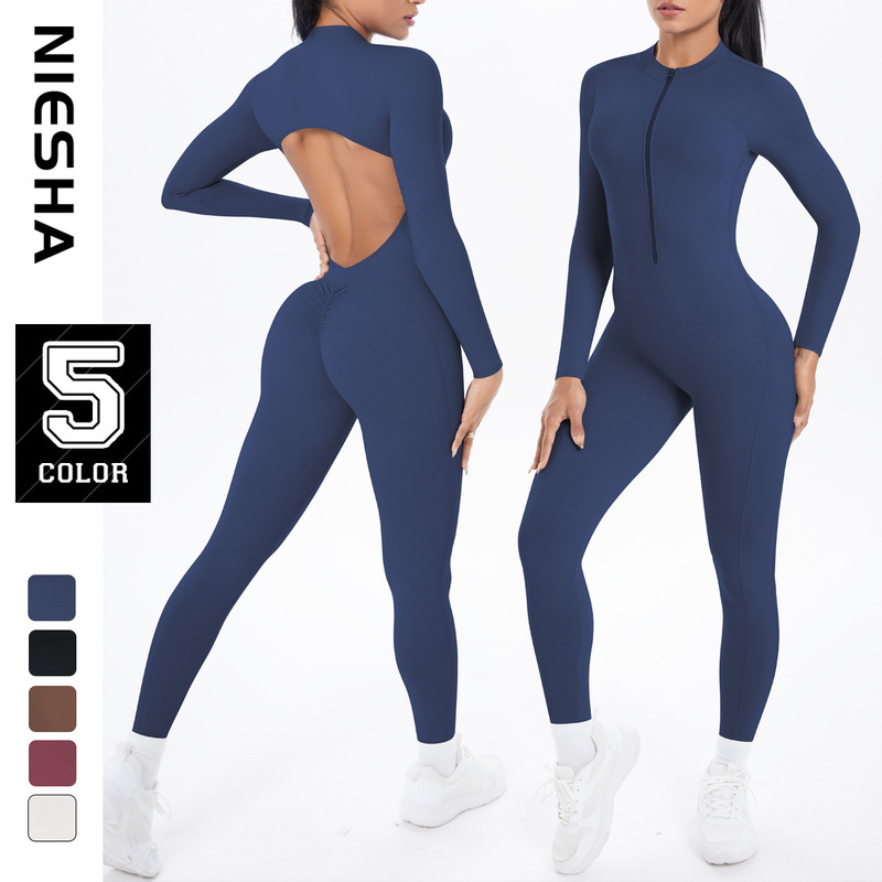European and American Long-Sleeved Yoga Zipper Jumpsuit High-Strength Cut Out Beautiful Back Running Fitness Clothing Sports Jumpsuit