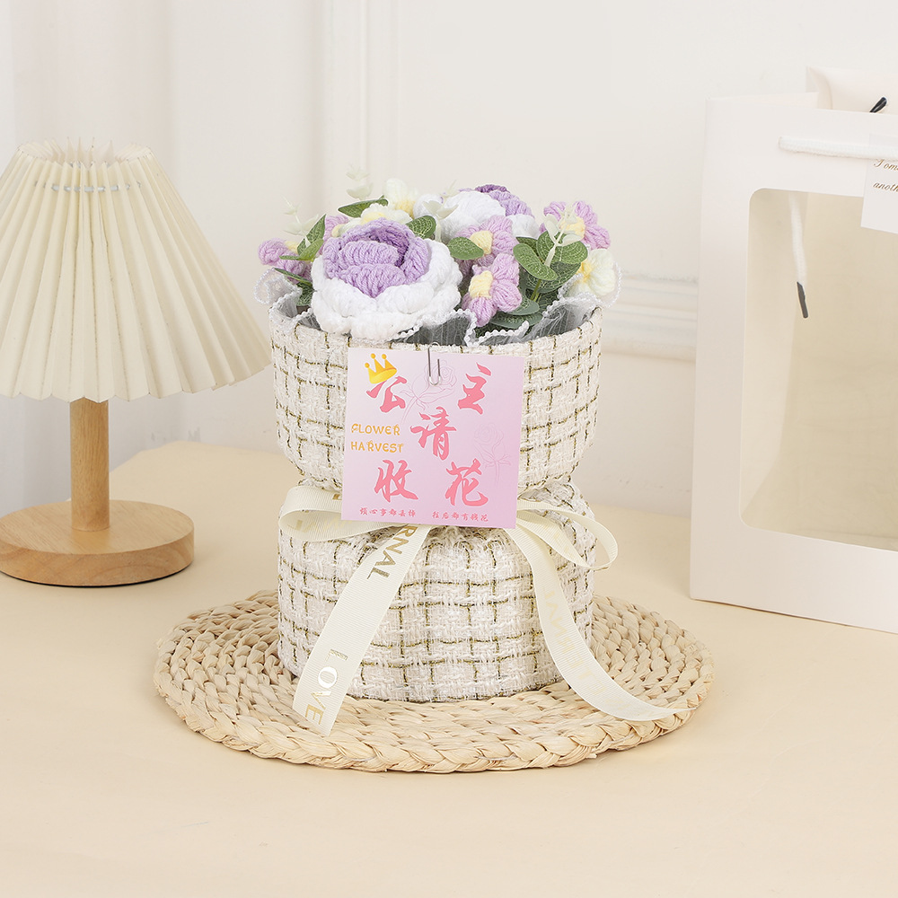 Día de la Madre Clavel de incienso pequeño tejido de flores de punto ramo de lana para esposa, novia, madre, regalo de cumpleaños