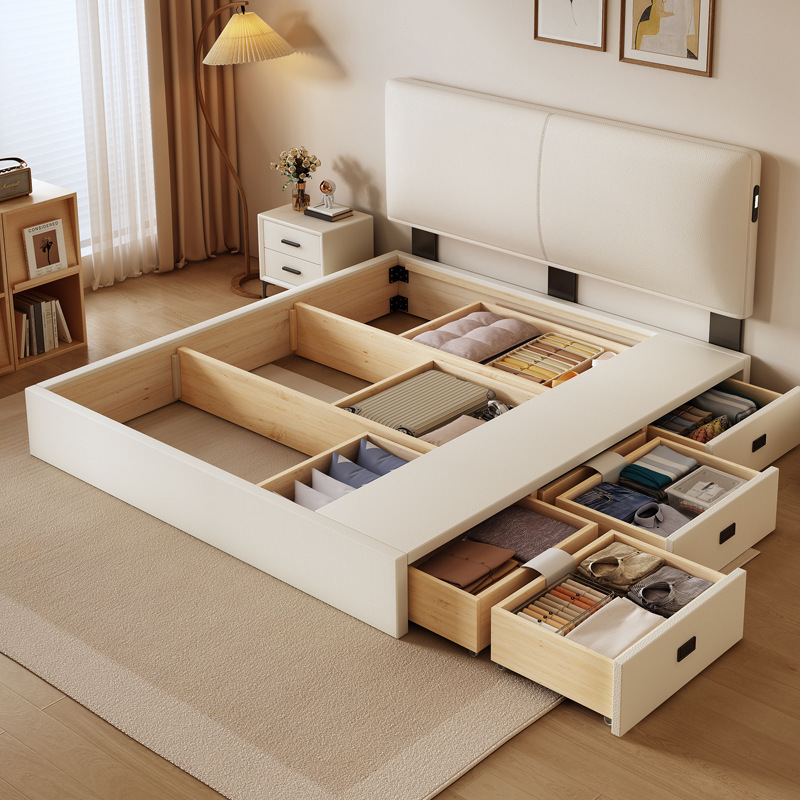 Cream-Colored Leather Storage Bed with Adjustable Thin Headboard, Large Drawer Storage, Floor-Standing Master Bedroom Double Bed, Wedding Bed Cream-Colored Leather Storage Bed with Adjustable Thin Headboard, Large Drawer Storage, Floor-Standing Master Bedroom Double Bed, Wedding Bed