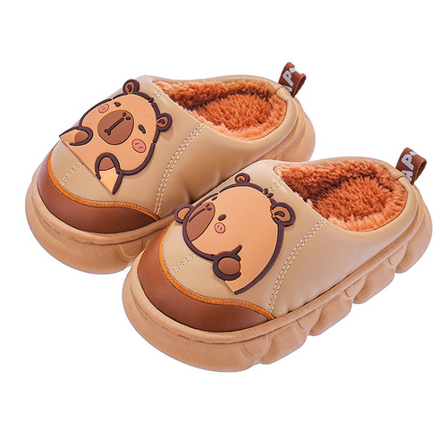 Kapibala winter children's cotton slippers for boys, warm thick sole, PU leather, waterproof, middle-aged children, baby bag and heel cotton shoes