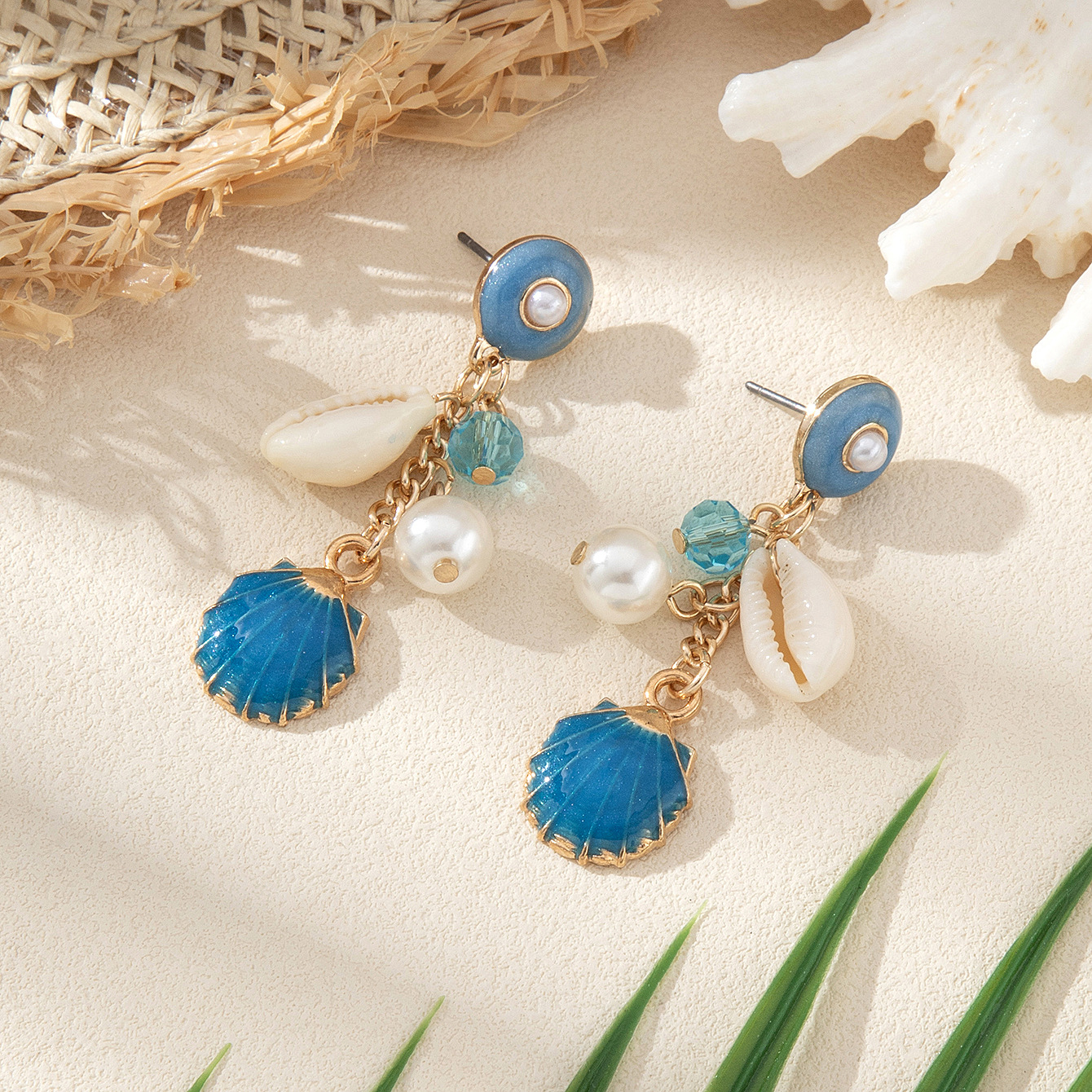 Polished Finish 1 Pair Marine Style Scallop Starfish Shell Zinc Alloy Drop Earrings