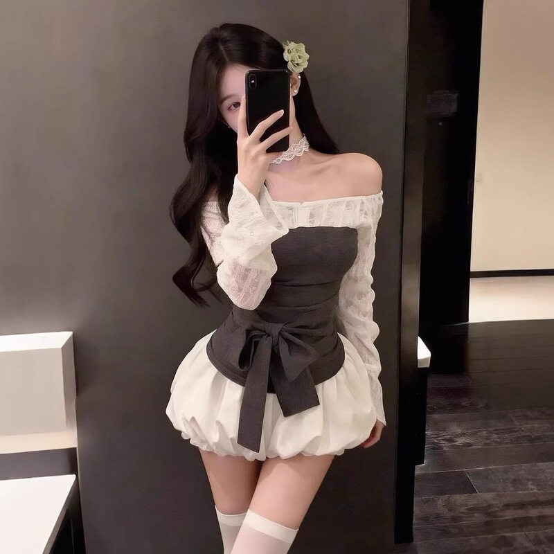 Purely Sexy Korean-Style Fake Two-Piece Off-Shoulder Long-Sleeve Women's Designer Tie-Up Top + Floral Short Skirt Two-Piece Set Purely Sexy Korean-Style Fake Two-Piece Off-Shoulder Long-Sleeve Women's Designer Tie-Up Top + Floral Short Skirt Two-Piece Set
