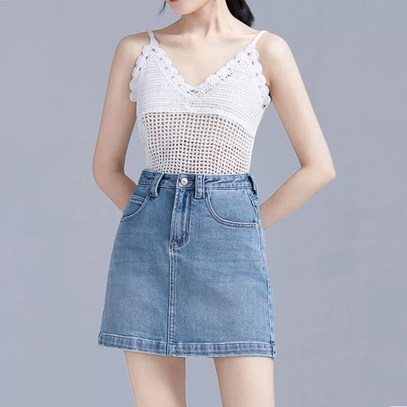 Женская джинсовая юбка с четырехсторонним стрейчем, летняя, защищающая от воздействия окружающей среды, тонкая универсальная свободная юбка А-силуэта с высокой талией.