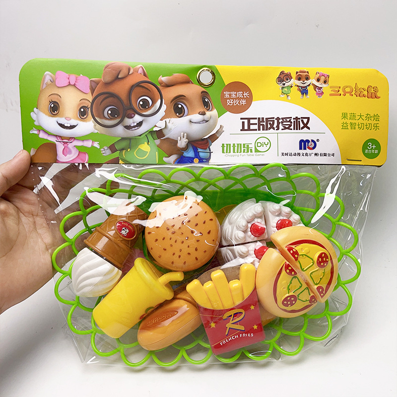 Tres ardillas simulación sandía frutas y verduras corte hamburguesa papas fritas jugar casa chica juguetes de cocina traje