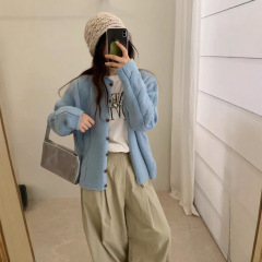 东大门韩版秋装新品文艺款麻花针织开衫女 圆领绞花款宽松毛衣外