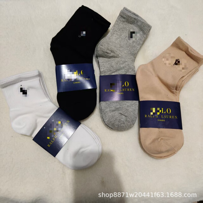 Ralph Lauren 3-pair pack spring/summer mid-calf embroidered socks, casual sports socks for all seasons, unisex socks