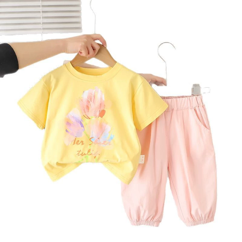 Summer summer clothing flower-shaped, set, trousers, Korean style, children's clothing, round collar, with short sleeve, wholesale