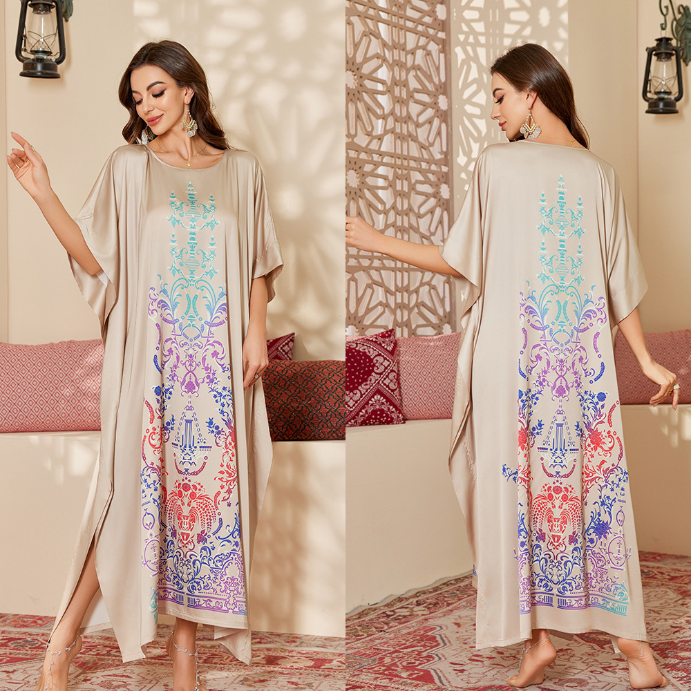 Nuevo pijama de satén de tamaño grande para mujeres de verano medio-oriental suelta gorda camiseta impresa suelta túnica DP3428