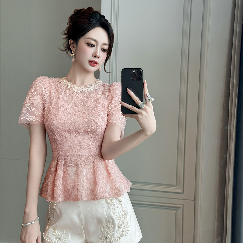 Áo ren hồng xếp nếp ôm eo phong cách ngọt ngào thanh lịch — bột hoa anh đào