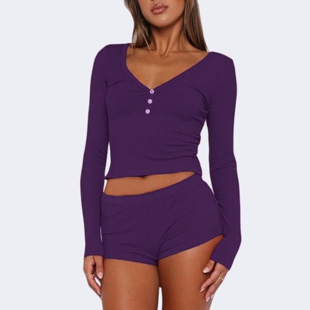 Fitness Yoga Set Running Workout Solid Color Long-Sleeved Single-Breasted Casual Top and Shorts Two-Piece Set
