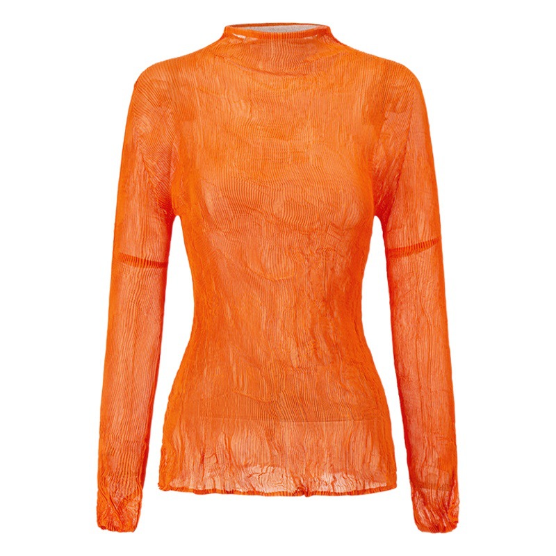 2025年プリーツトップス レディース 高級感 テンセル素材 透け感 レース 超伸縮性 スリムフィット 若見え 薄手Tシャツ