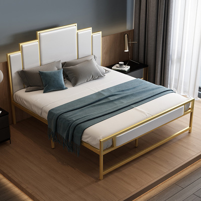 欧式现代软包轻奢铁艺床新中式公寓加厚铁床1.2米1.5米床加床垫子