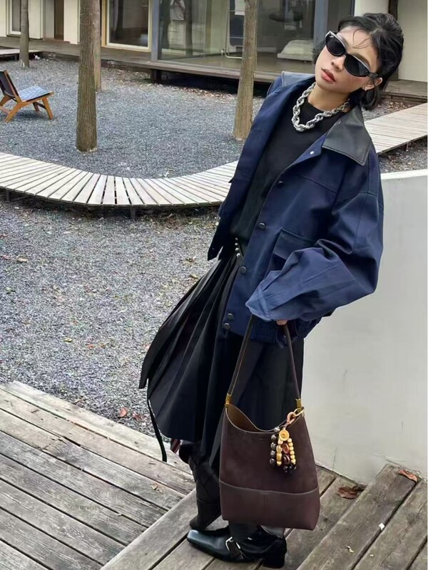 跨境麂皮绒拼接女大容量2025新款秋冬季复古单肩子母包通勤水桶包|undefined