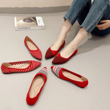 新款王妃单鞋女红色针织亚马逊编织飞织平跟软底鞋女 women shoes