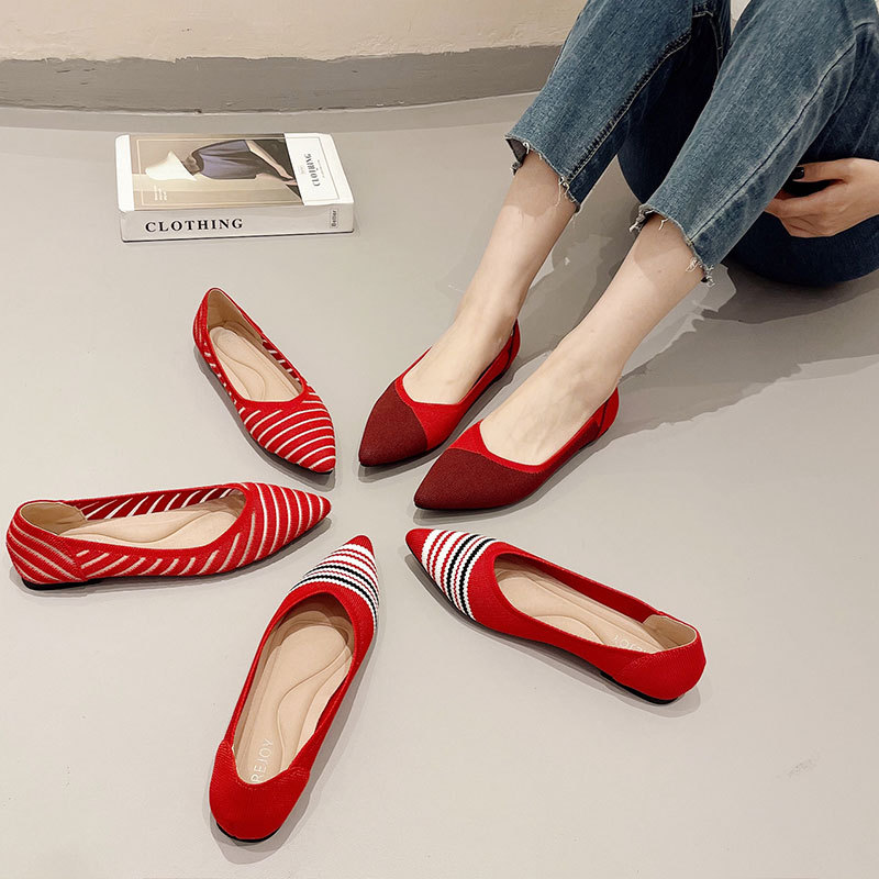 新款王妃单鞋女红色针织亚马逊编织飞织平跟软底鞋女 women shoes